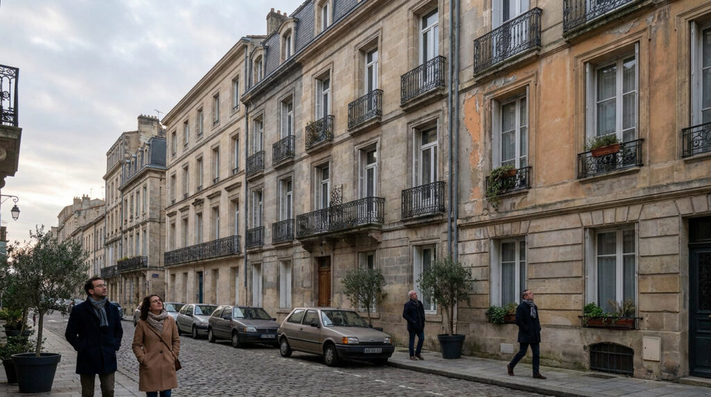 Rue pavée animée par des passants et des voitures, entourée de grands immeubles anciens en pierre de taille avec balcons.