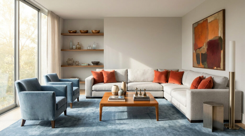 Salon contemporain avec canapé gris, coussins orange, fauteuils bleus, table basse bois et tableau abstrait. Lumière naturelle.