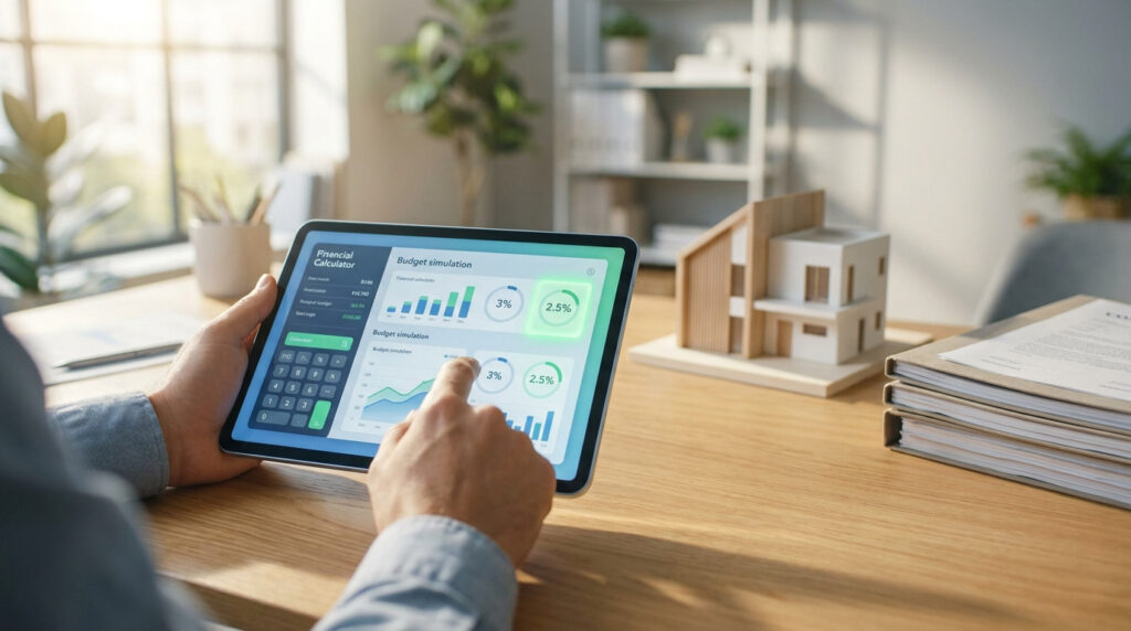 Personne simulant un budget immobilier sur une tablette avec un calculateur financier, à côté d'un modèle de maison et documents.
