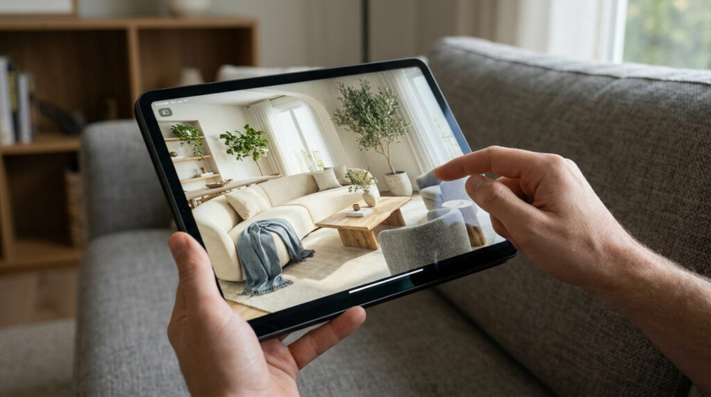 Mains tenant une tablette affichant un salon en réalité augmentée. L'utilisateur touche l'écran pour aménager des meubles.