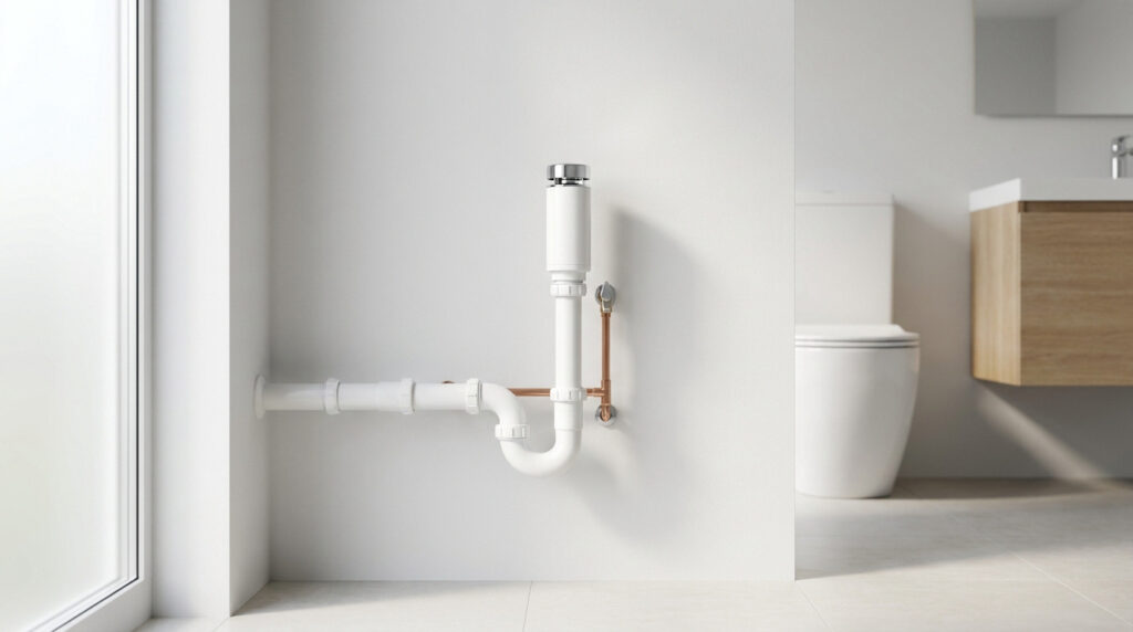 Système de plomberie avec clapet de décompression mural dans une salle de bain moderne, près d'un WC et d'un lavabo.