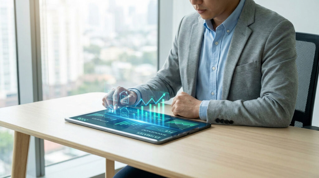 Homme utilisant une tablette affichant des données immobilières holographiques, graphiques de croissance et icônes de maisons.