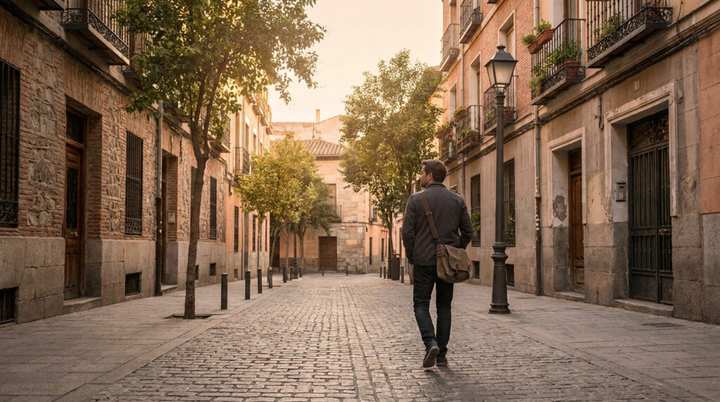 Vue arrière d'un homme marchant seul sur une rue pavée bordée de vieux bâtiments en briques et d'arbres sous un ciel clair.