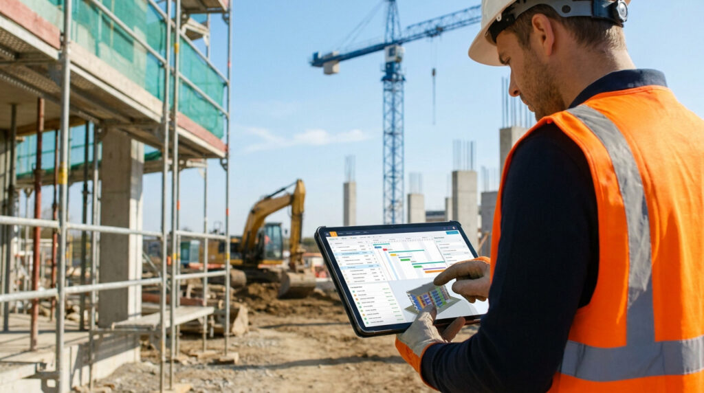 Ouvrier BTP sur un chantier gérant un projet via tablette avec plan, modèle 3D, échafaudages et grue en fond.