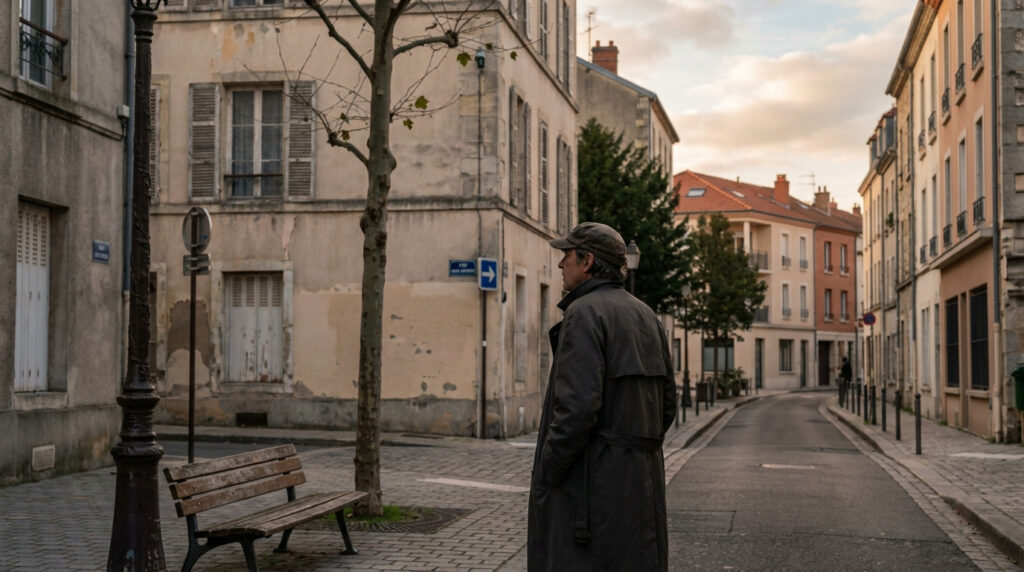 Un homme en manteau et casquette sur un trottoir, observant une rue bordée de vieux bâtiments et un banc public.