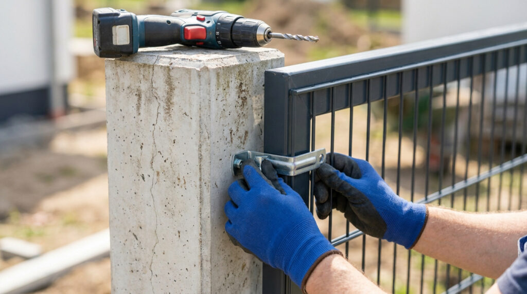 Vue rapprochée de mains gantées fixant un panneau de clôture rigide gris sur un poteau en béton avec un support. Une perceuse est visible.