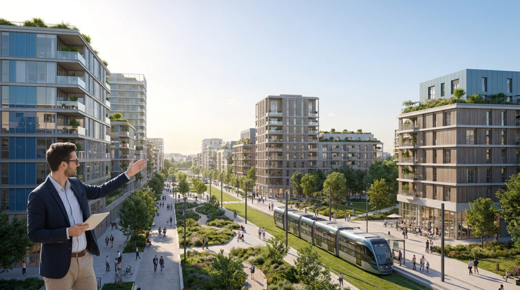 Homme en costume présentant un quartier urbain moderne avec des immeubles neufs, un tramway et de vastes espaces verts.