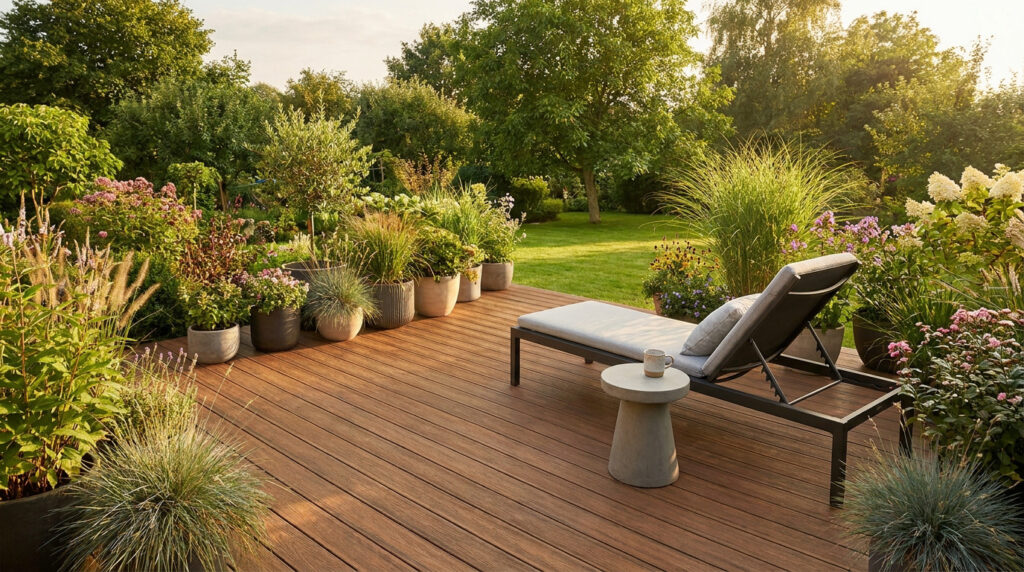Terrasse en bois moderne avec un transat gris et une petite table, entourée de plantes en pots et d'un jardin verdoyant.