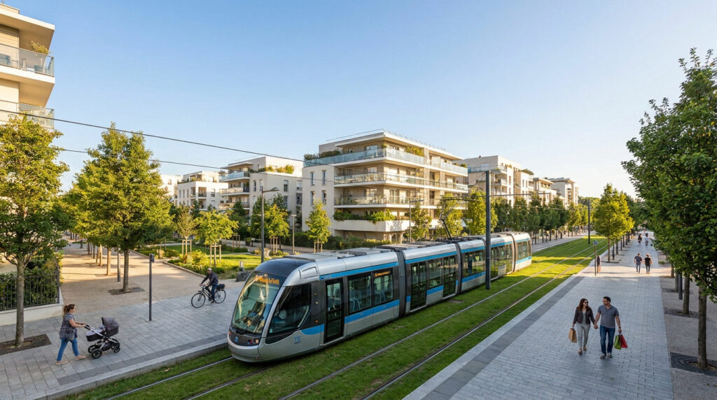 Un tramway moderne circule sur voie végétalisée au cœur d'un quartier résidentiel de Meudon-la-Forêt, animé par piétons et cyclistes.