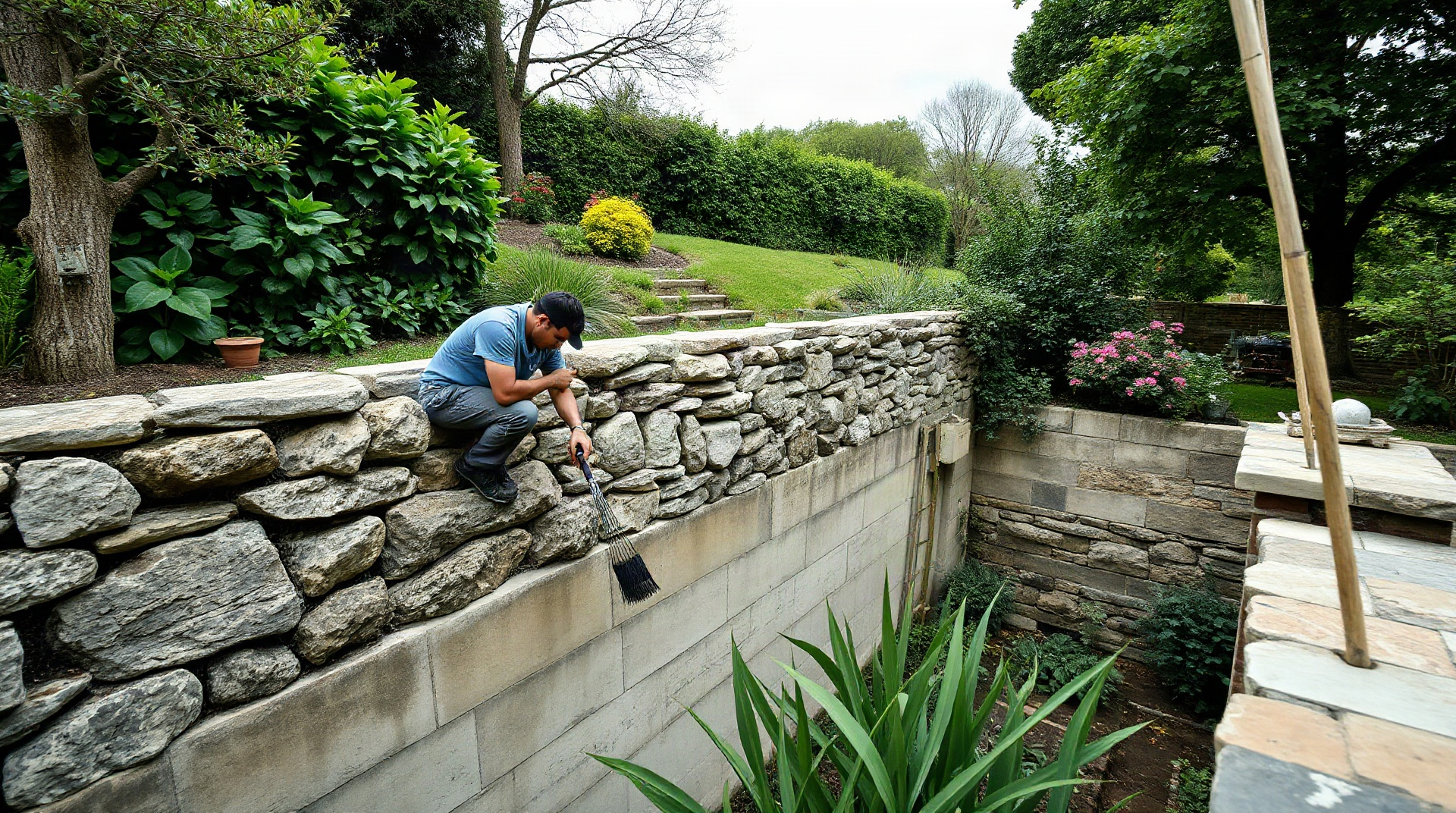 Mur de soutènement en moellons avec différence de niveau visible côté aval