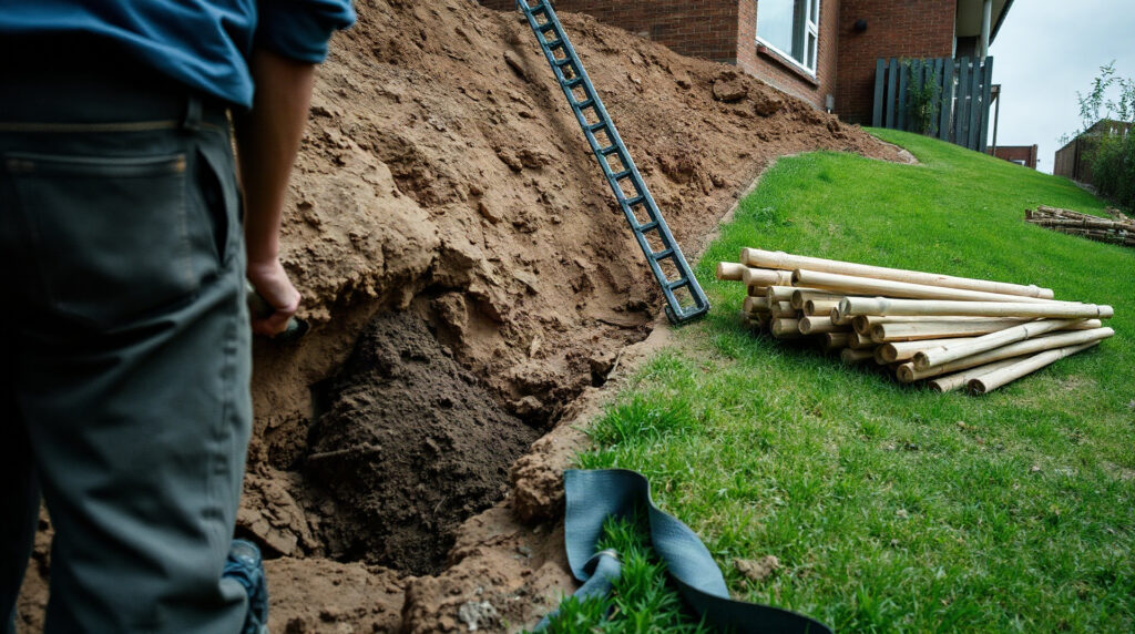 Ouvrier creusant un trou pour poser des pilotis de terrasse bois dans un jardin en pente