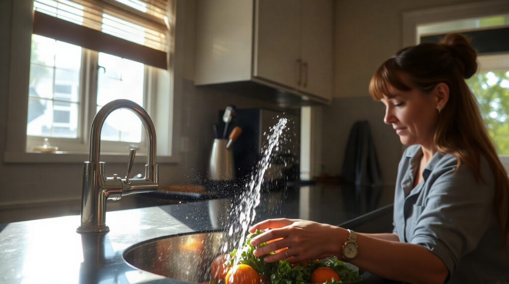 Robinet de cuisine laissant couler de l'eau