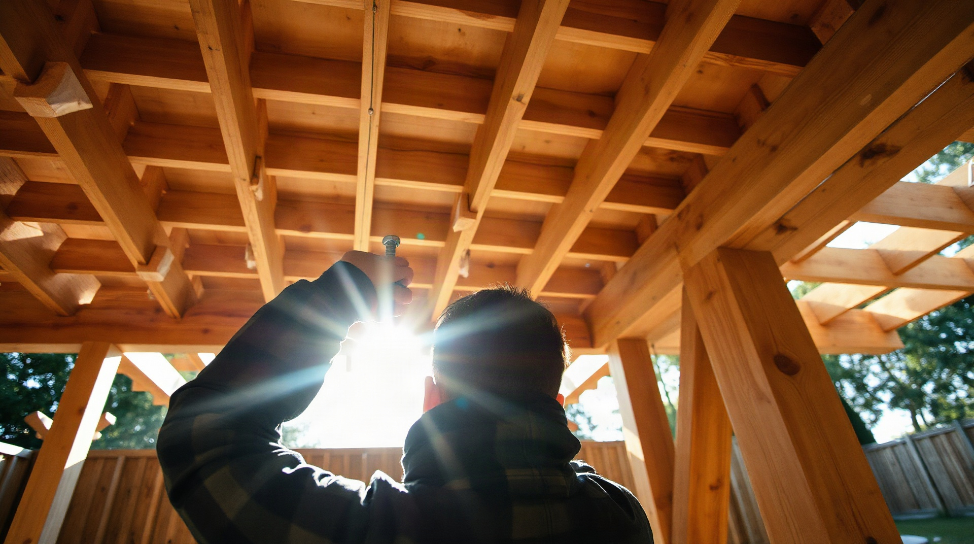 Structure de poutres et chevrons en bois traité soutenant le plancher d'une terrasse surél