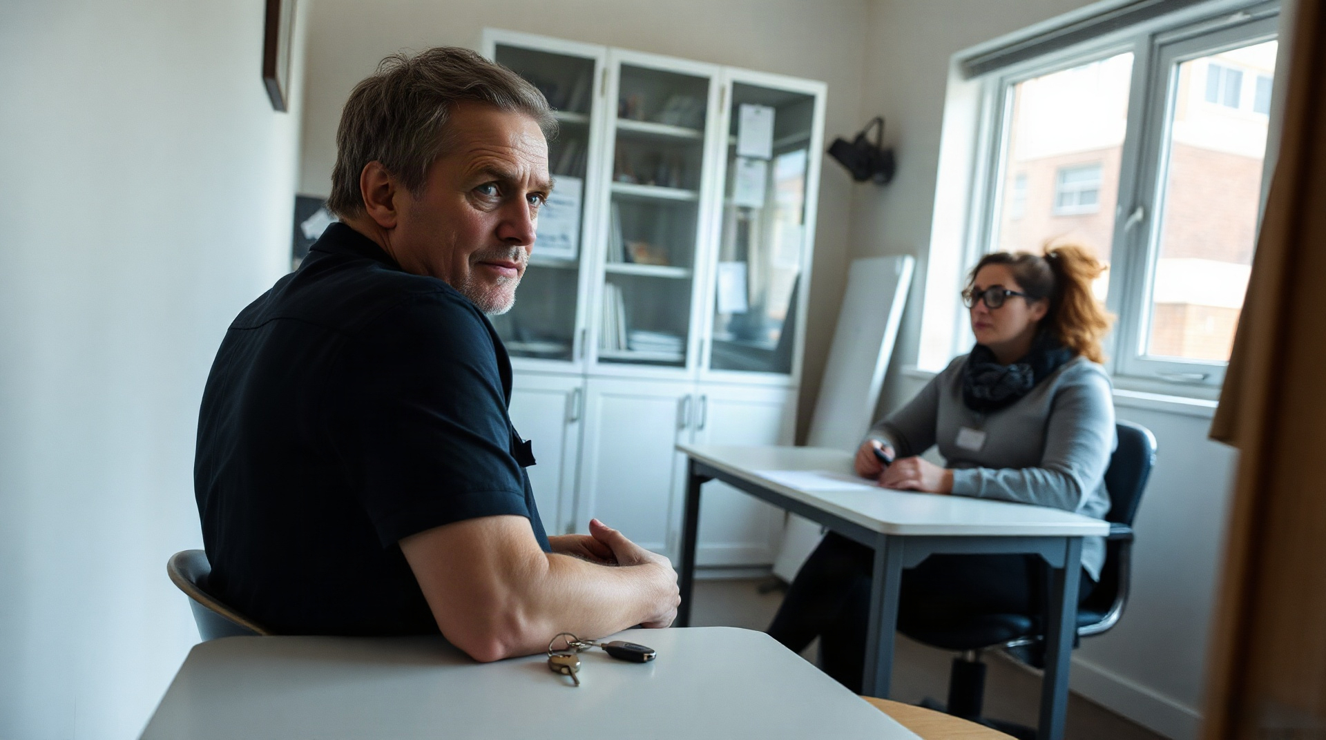 Conseiller en agence immobilière sociale montrant un contrat de bail à un locataire
