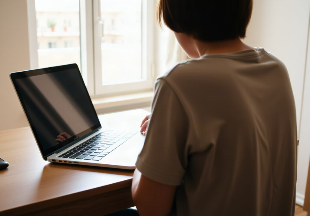 Personne consultant des documents de location sur ordinateur portable